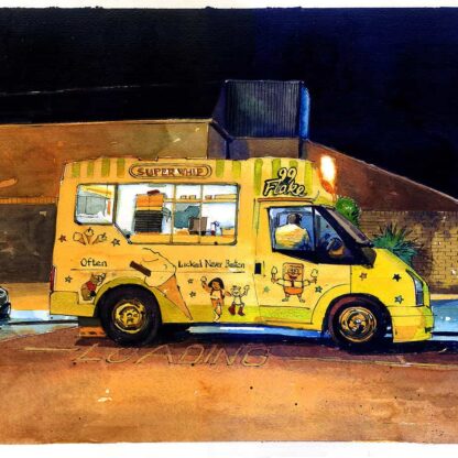 This is a watercolour painting of an ice cream van parked on Market Street in Listowel, Co Kerry, during the races in 2022.